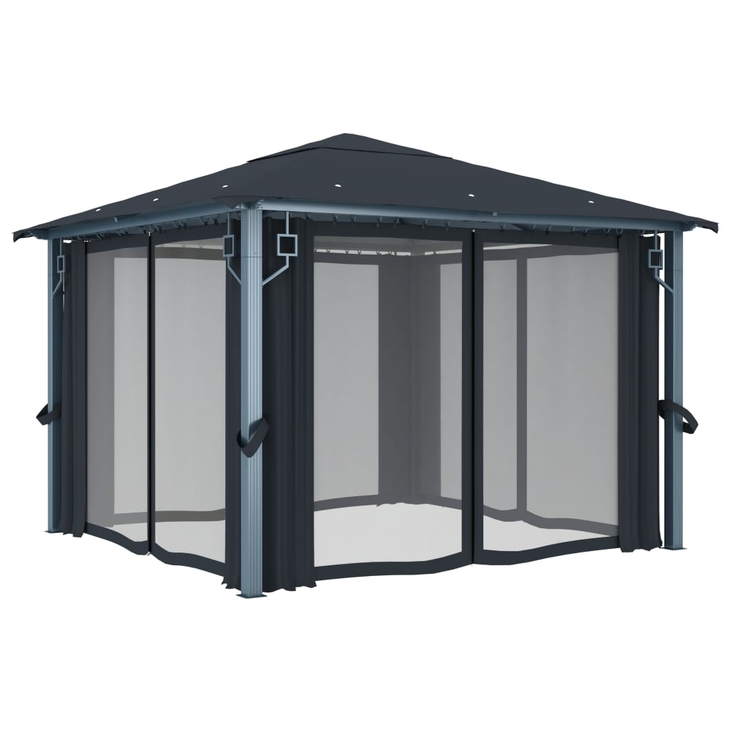 vidaXL Gazebo with Curtain&LED String Lights 3x3 m Anthracite Aluminium