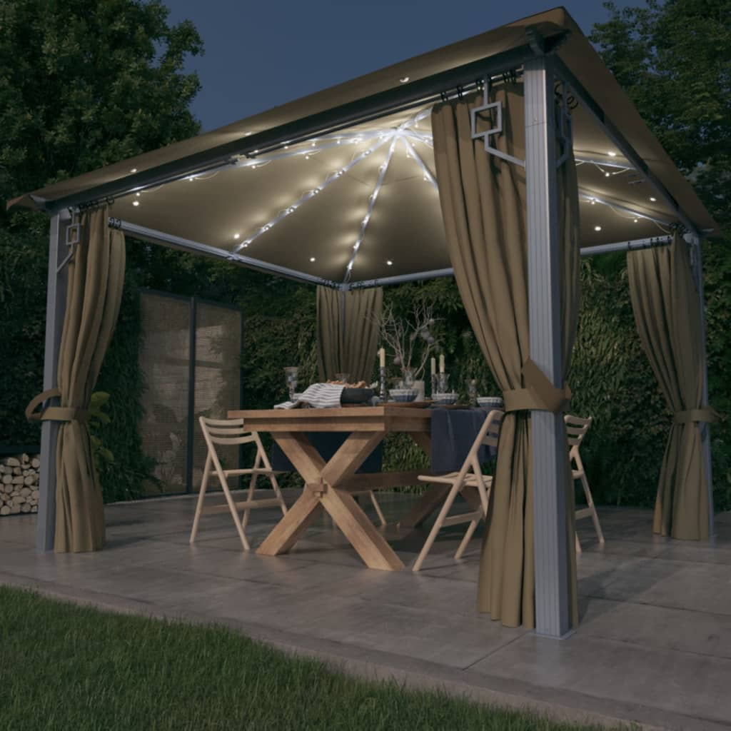 vidaXL Gazebo with Curtain&LED String Lights 3x3 m Taupe Aluminium