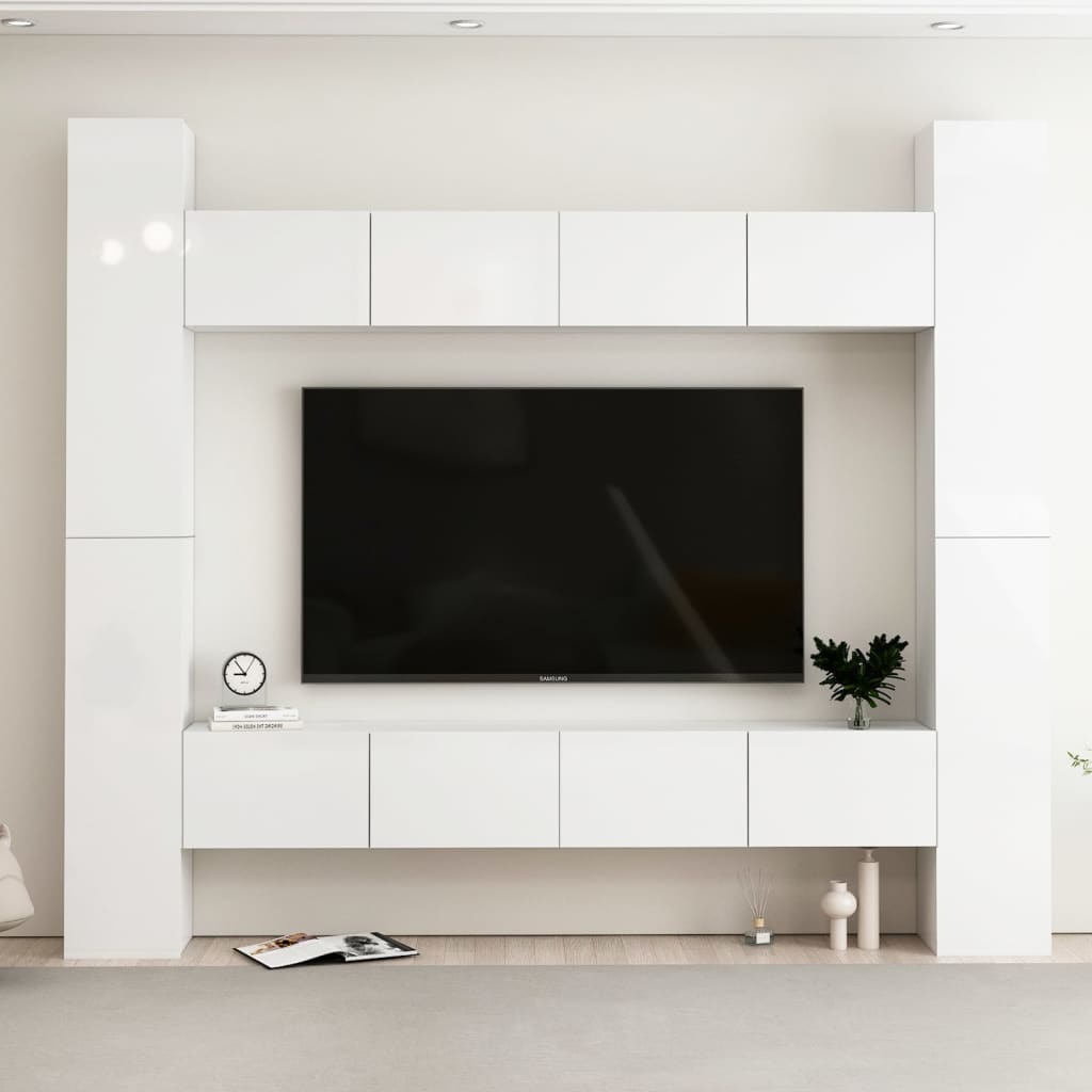 vidaXL 8 Piece TV Cabinet Set High Gloss White Engineered Wood - Modern and Practical Design