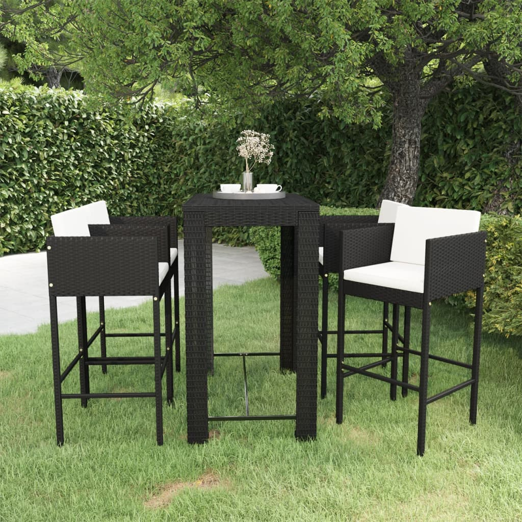 vidaXL 5 Piece Garden Bar Set with Cushions - Poly Rattan Black