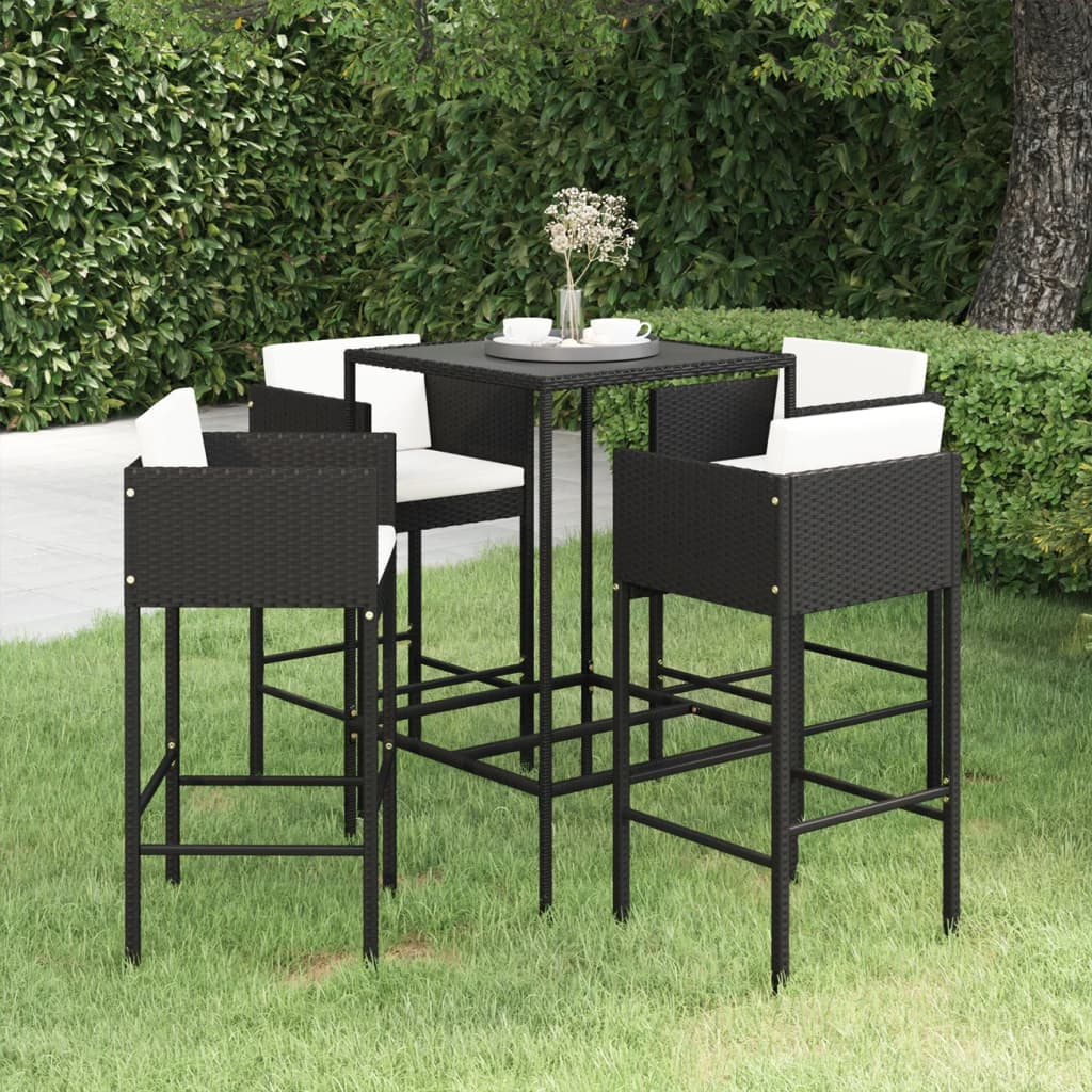 vidaXL 5 Piece Garden Bar Set with Cushions - Poly Rattan - Black