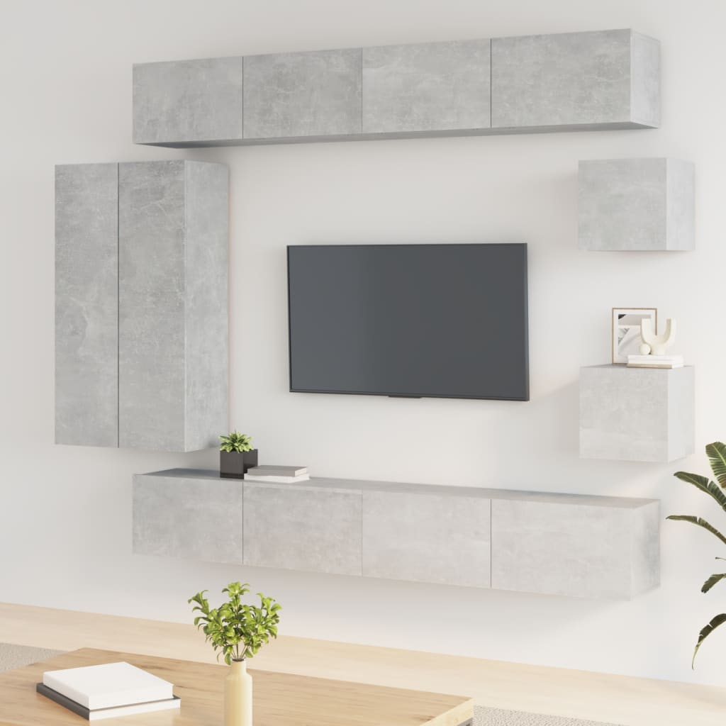 vidaXL 8 Piece TV Cabinet Set Concrete Grey Engineered Wood - Ample Storage Space, Wall-Mounted Design