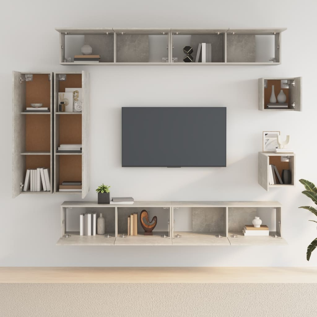 vidaXL 8 Piece TV Cabinet Set Concrete Grey Engineered Wood - Ample Storage Space, Wall-Mounted Design