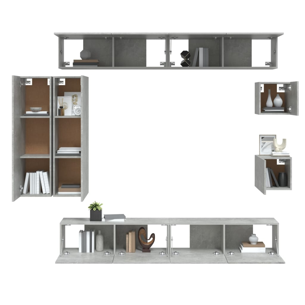 vidaXL 8 Piece TV Cabinet Set Concrete Grey Engineered Wood - Ample Storage Space, Wall-Mounted Design