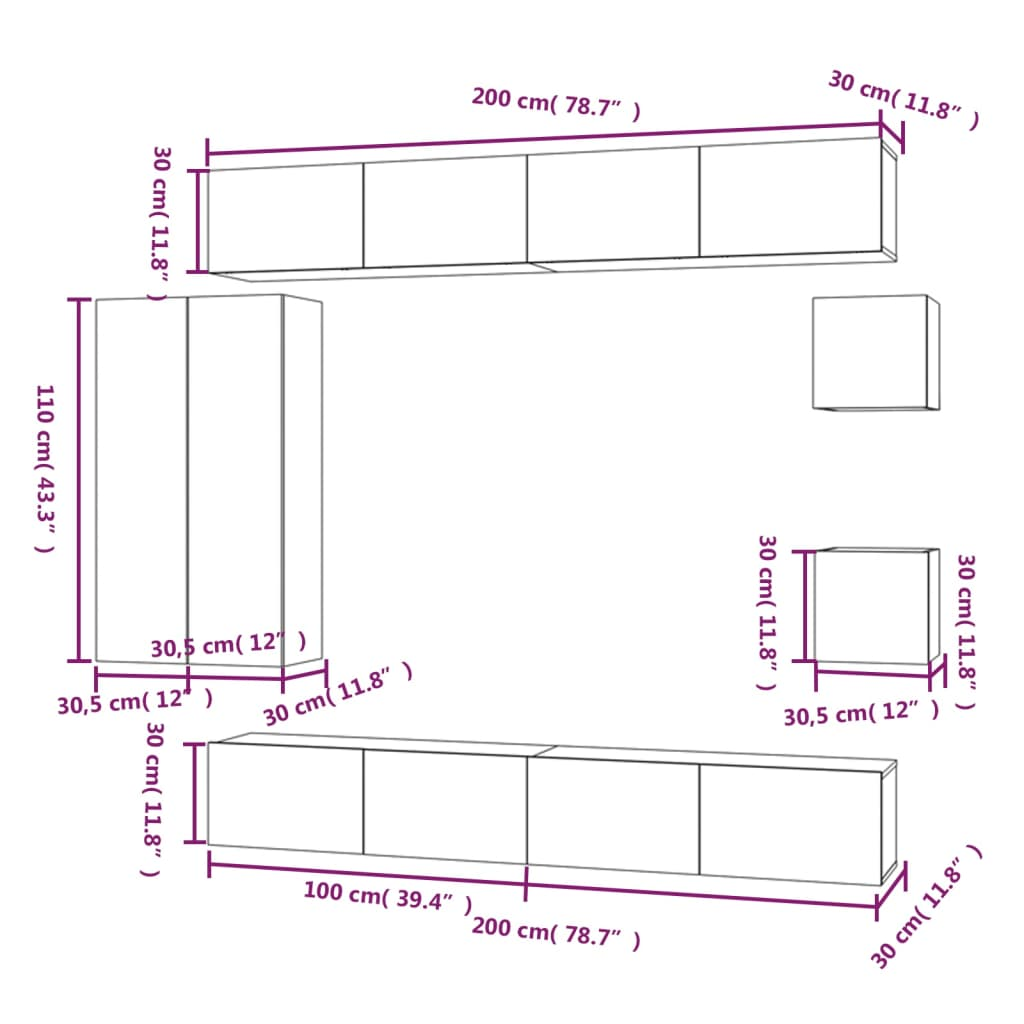 vidaXL 8 Piece TV Cabinet Set Concrete Grey Engineered Wood - Ample Storage Space, Wall-Mounted Design