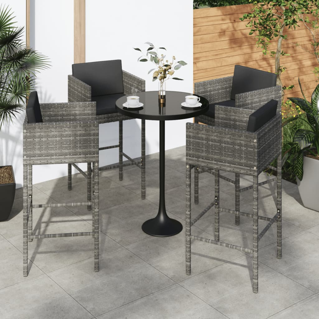 vidaXL Bar Stools 4 pcs with Cushions Grey Poly Rattan - Weather Resistant, Sturdy Frame, Comfortable Seating