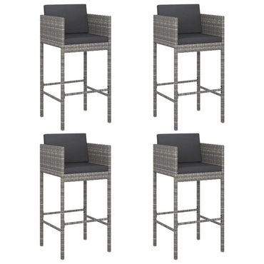 vidaXL Bar Stools 4 pcs with Cushions Grey Poly Rattan - Weather Resistant, Sturdy Frame, Comfortable Seating