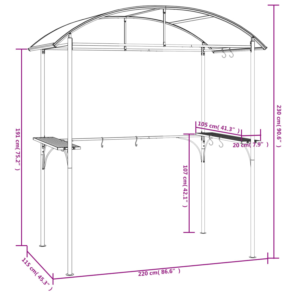 vidaXL BBQ Gazebo with Side Shelves Anthracite 220x115x230 cm Steel