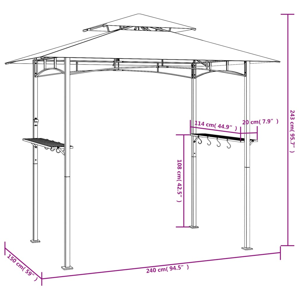 vidaXL BBQ Gazebo with Side Shelves Anthracite 240x150x243 cm Steel