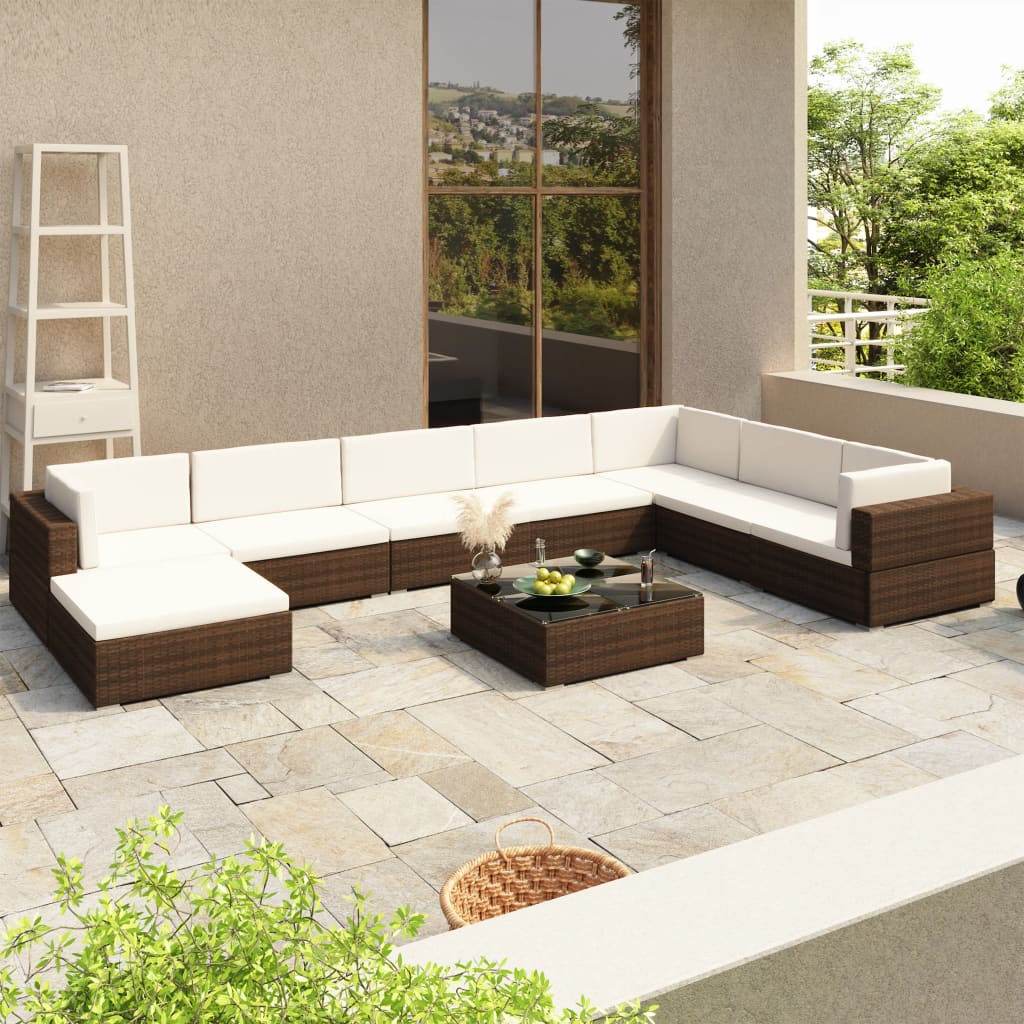 vidaXL 8 Piece Garden Lounge Set with Cushions Poly Rattan Brown - Outdoor Furniture