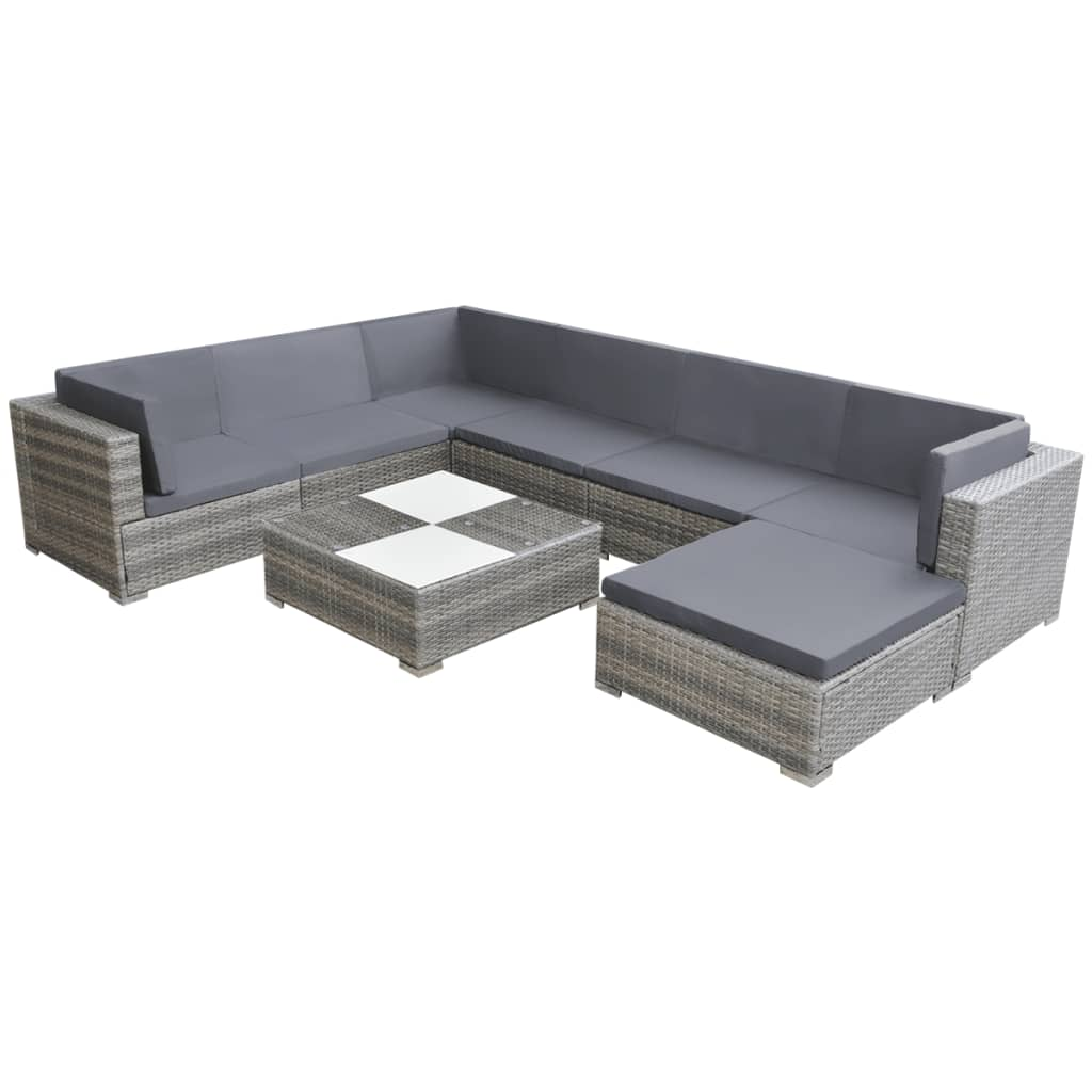 vidaXL 8 Piece Garden Lounge Set with Cushions - Poly Rattan Grey | Outdoor Furniture