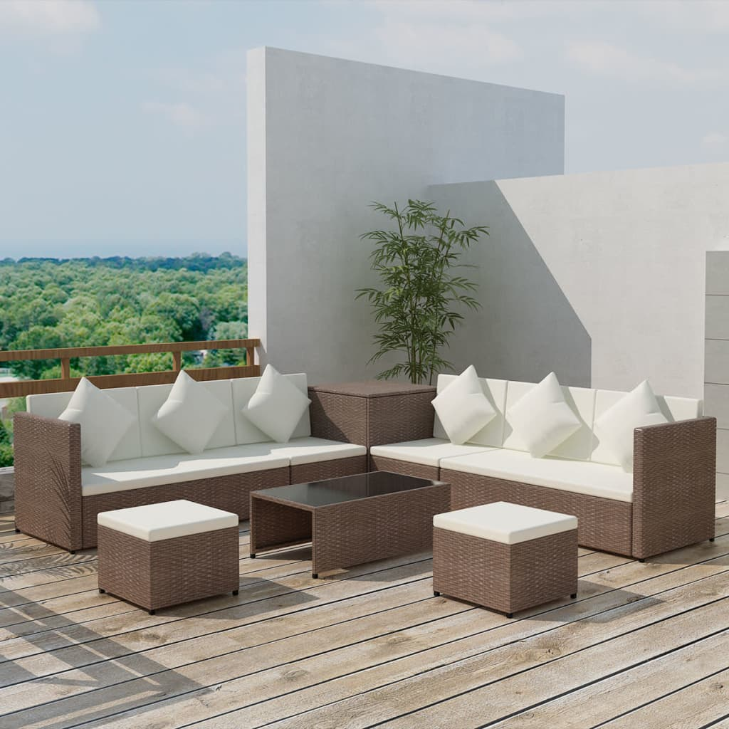 vidaXL 8 Piece Garden Lounge Set with Cushions Poly Rattan Brown | Outdoor Furniture