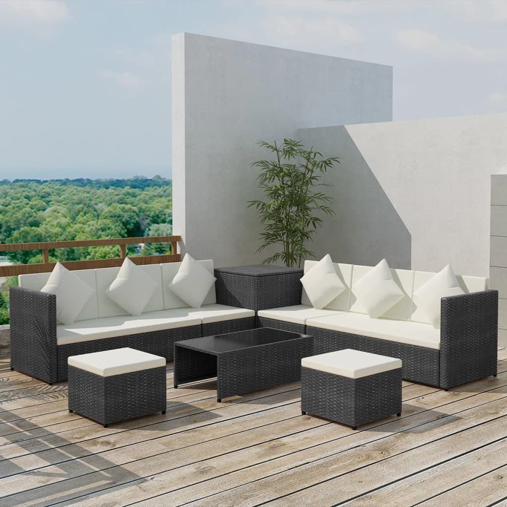 vidaXL 8 Piece Garden Lounge Set with Cushions Poly Rattan - Black