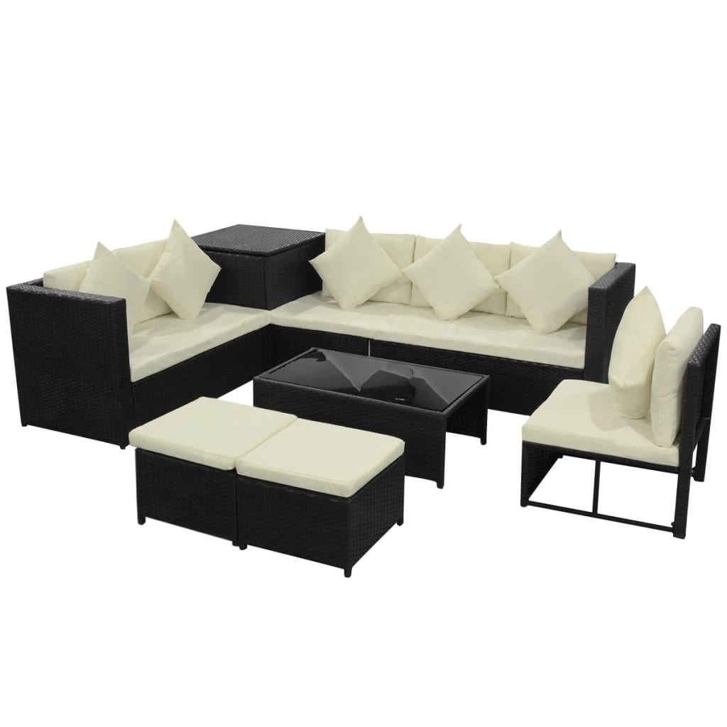 vidaXL 8 Piece Garden Lounge Set with Cushions Poly Rattan - Black