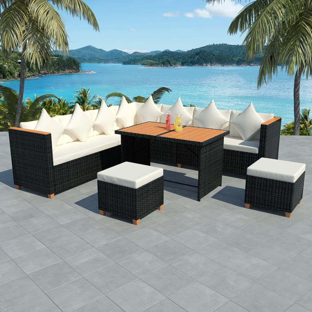 vidaXL 7 Piece Garden Lounge Set with Cushions - Poly Rattan Black | Outdoor Furniture