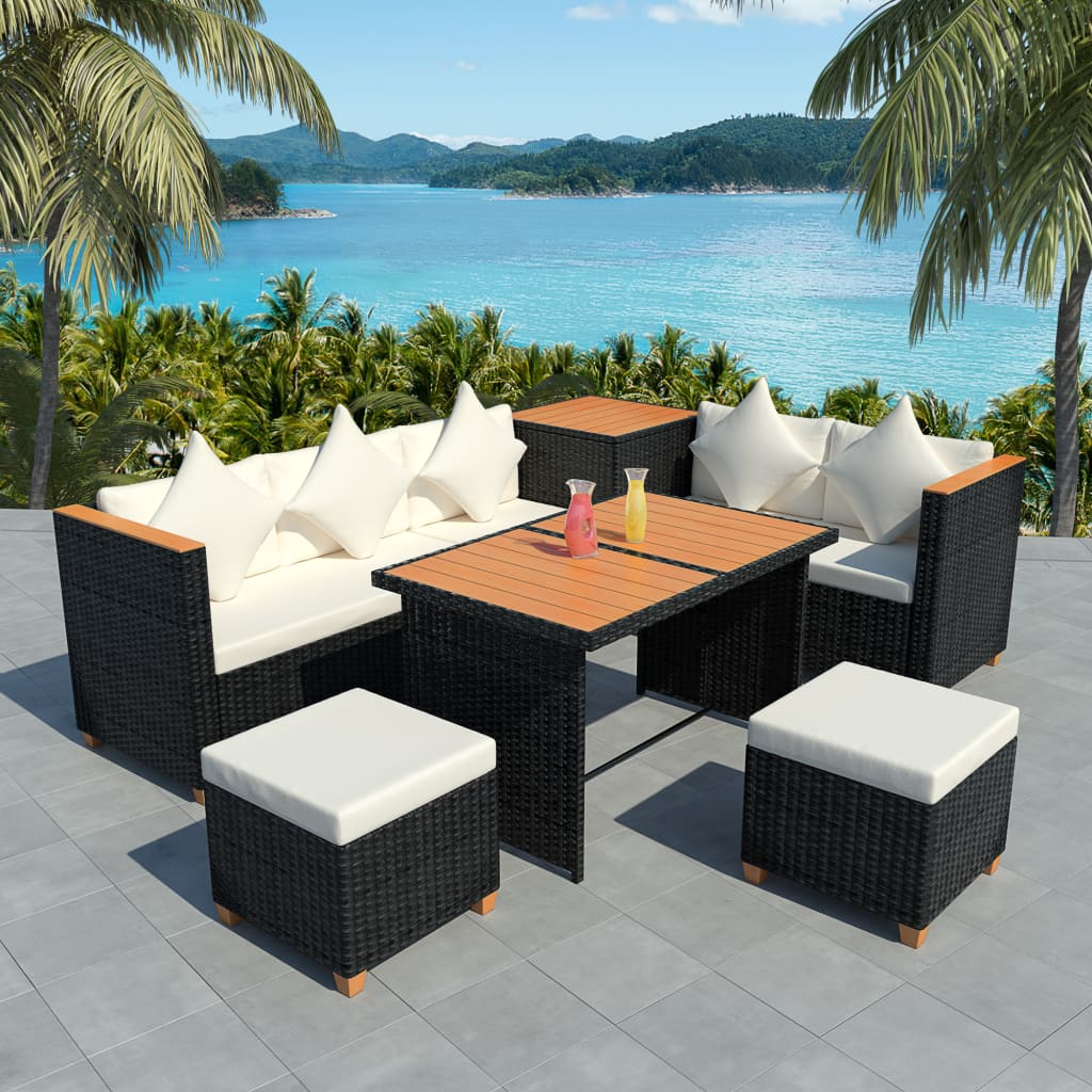 vidaXL 7 Piece Garden Lounge Set with Cushions - Black Poly Rattan | Stylish and Durable Outdoor Furniture