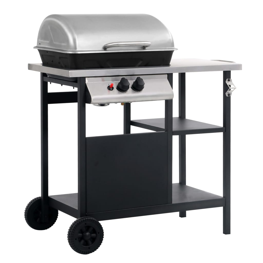 vidaXL Gas BBQ Grill with 3-layer Side Table - Black and Silver
