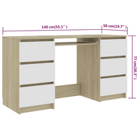 vidaXL Writing Desk White and Sonoma Oak 140x50x77 cm - Engineered Wood | Study or Work in Style