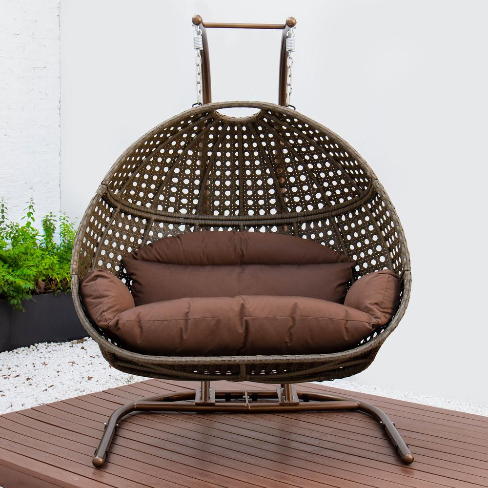 LeisureMod Wicker Hanging Double Egg Swing Chair, Dark Brown