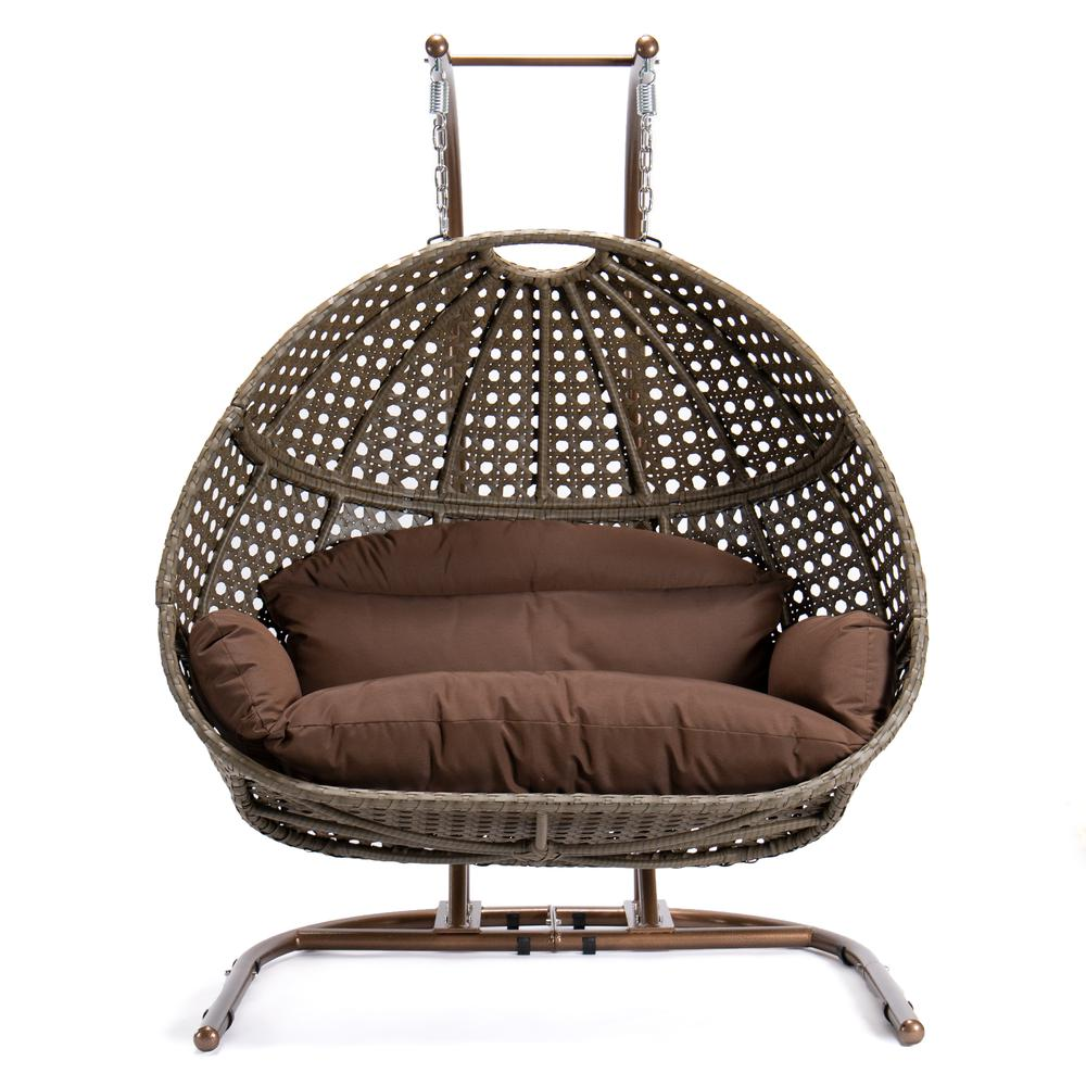 LeisureMod Wicker Hanging Double Egg Swing Chair, Dark Brown