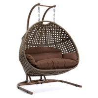 LeisureMod Wicker Hanging Double Egg Swing Chair, Dark Brown