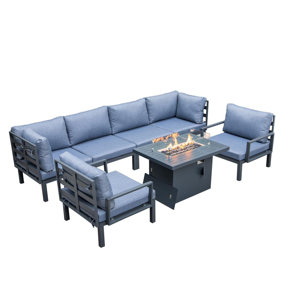 LeisureMod Hamilton 7-Piece Aluminum Patio Conversation Set With Fire Pit Table And Cushions Charcoal Blue