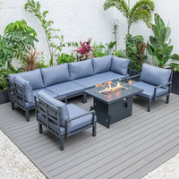 LeisureMod Hamilton 7-Piece Aluminum Patio Conversation Set With Fire Pit Table And Cushions Charcoal Blue