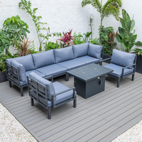 LeisureMod Hamilton 7-Piece Aluminum Patio Conversation Set With Fire Pit Table And Cushions Charcoal Blue