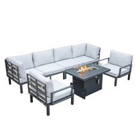 LeisureMod Hamilton 7-Piece Aluminum Patio Conversation Set With Fire Pit Table And Cushions Light Grey