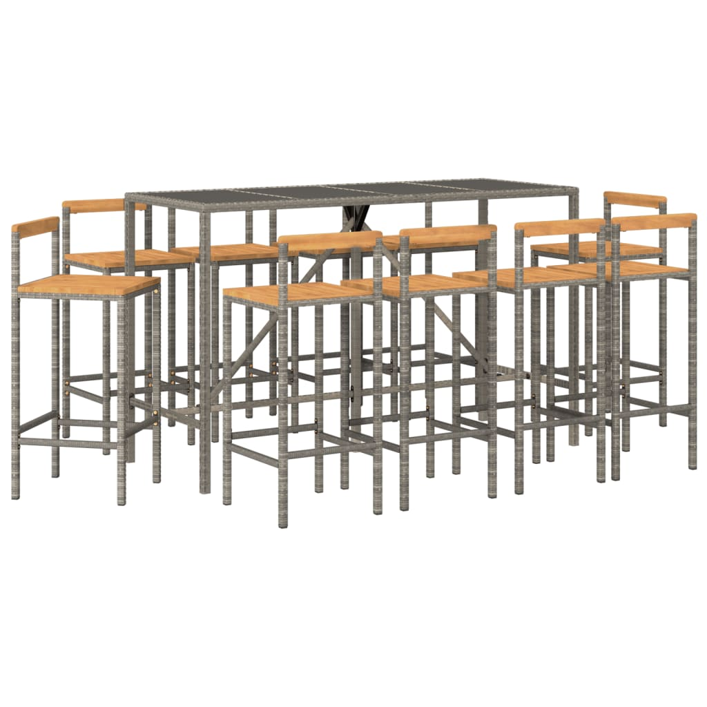 vidaXL 11 Piece Garden Bar Set | Grey Poly Rattan & Solid Wood Acacia