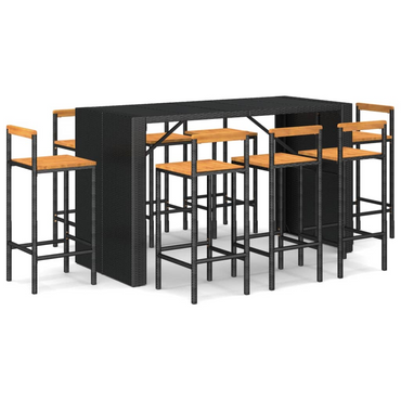 vidaXL 9 Piece Garden Bar Set - Black Poly Rattan & Solid Wood Acacia