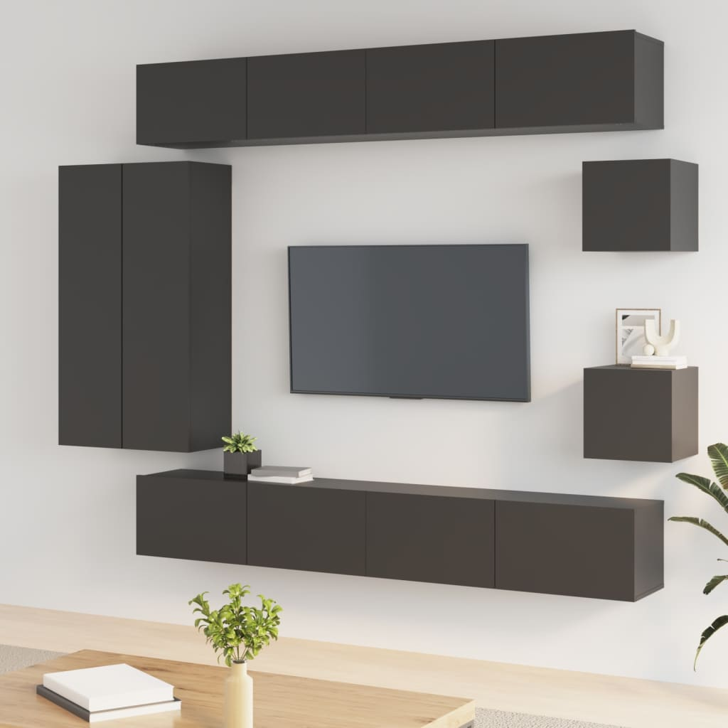 vidaXL 8 Piece TV Cabinet Set Black Engineered Wood | Ample Storage Space | Wall-Mounted | Easy Assembly