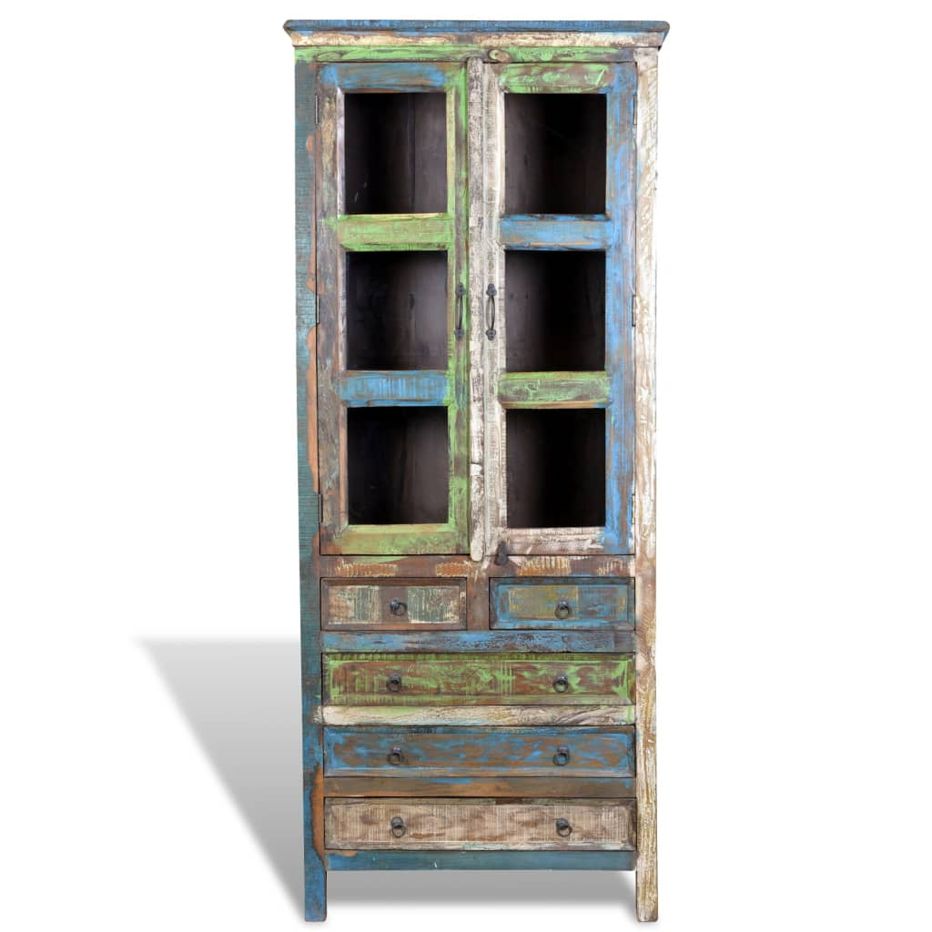 Reclaimed Wood Bookshelf Bookcase | 5 Drawers & 2 Doors | Antique-Style Furniture