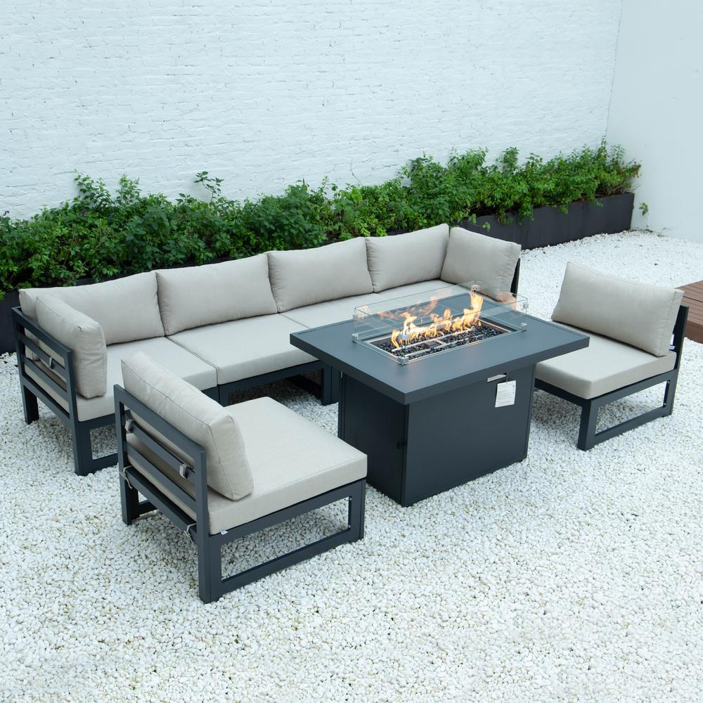 Chelsea 7-Piece Patio Sectional And Fire Pit Table Black Aluminum With Cushions