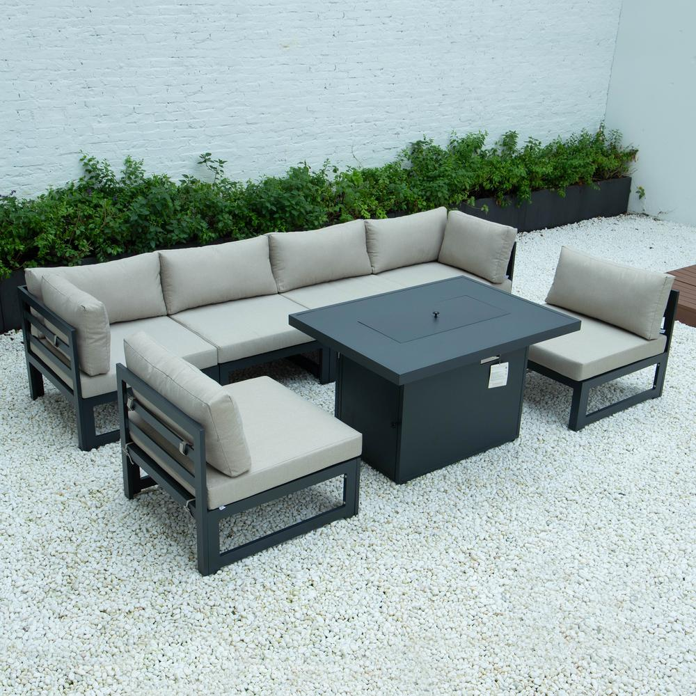 Chelsea 7-Piece Patio Sectional And Fire Pit Table Black Aluminum With Cushions