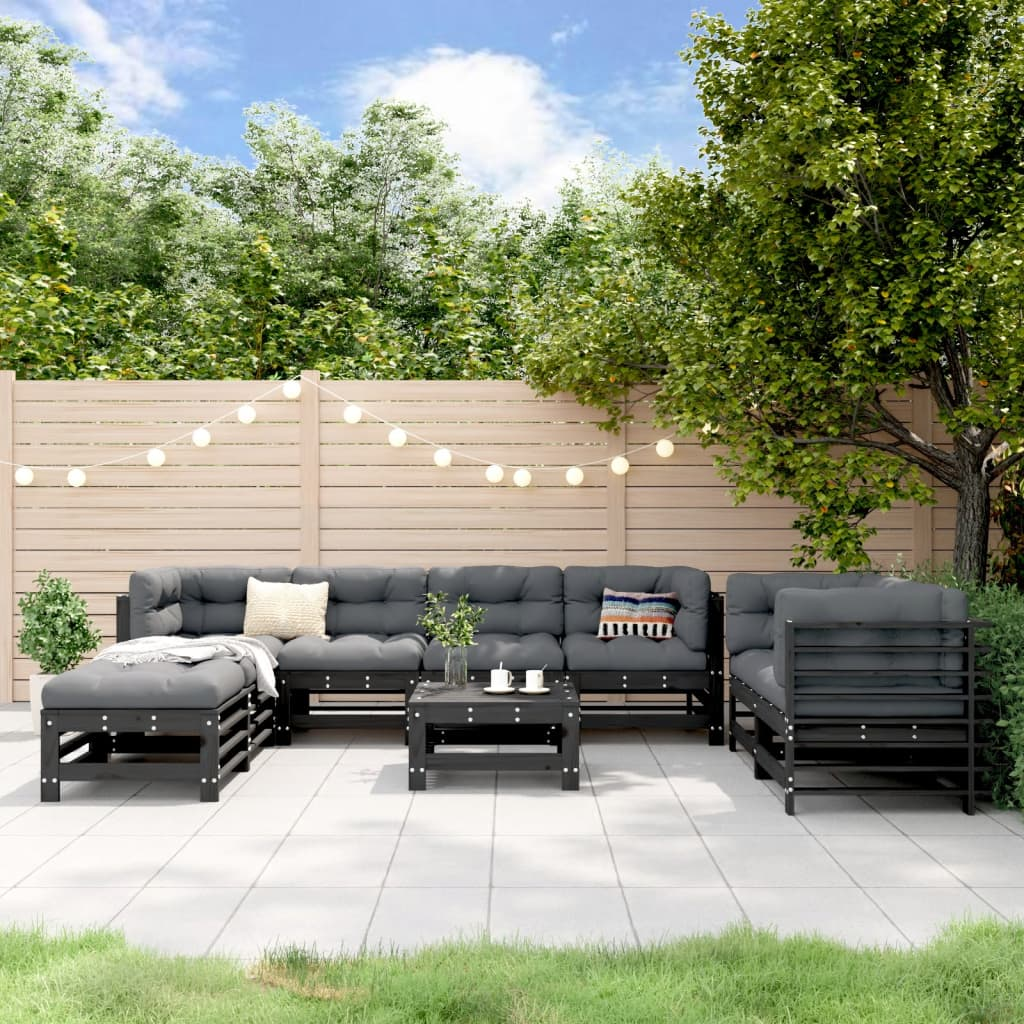 vidaXL 9 Piece Garden Lounge Set - Black Solid Wood Pine | Outdoor Furniture