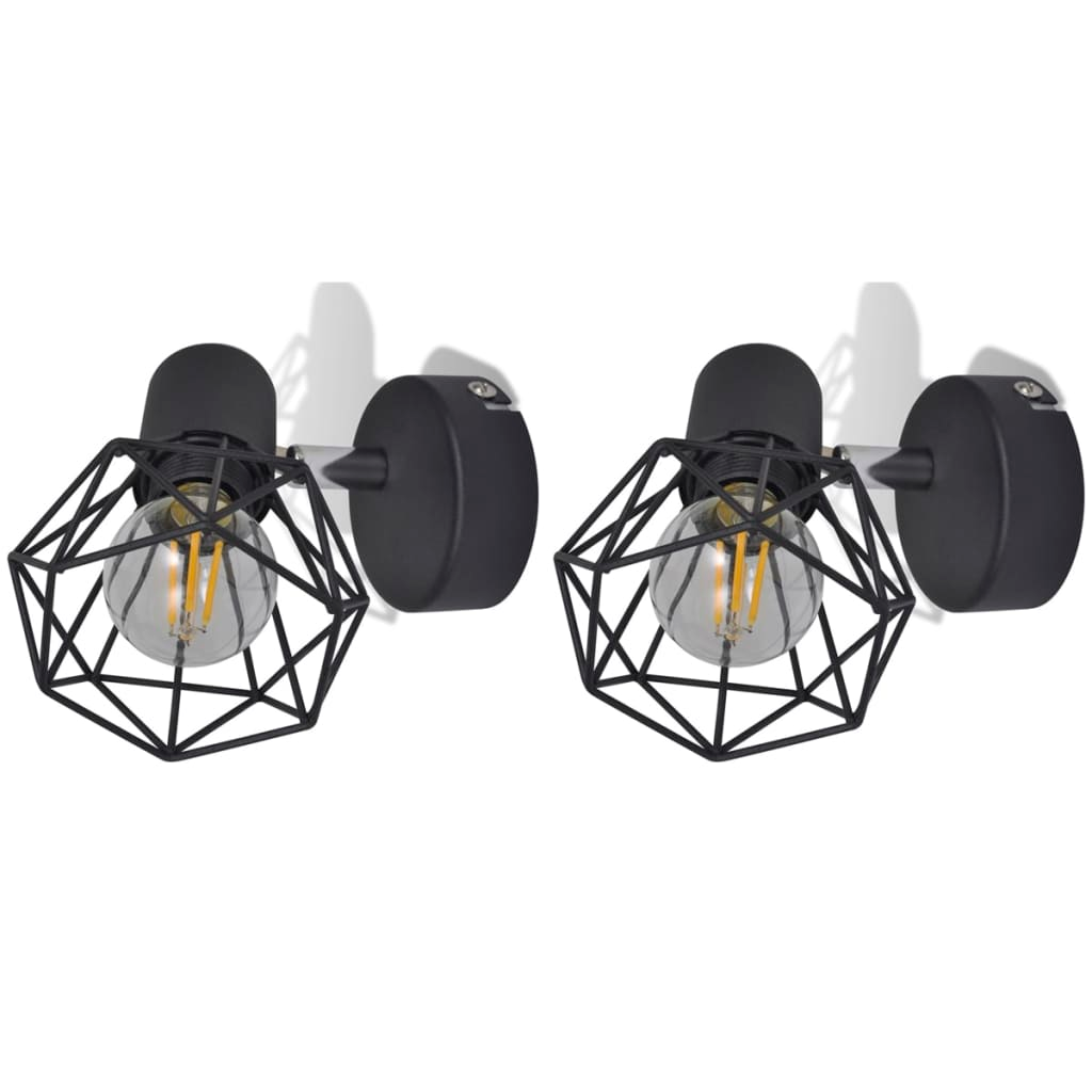 2 Black Industrial Style Wire Frame Wall Sconce with LED Filament Bulb - Decorative Lighting Fixture for a Vintage Look