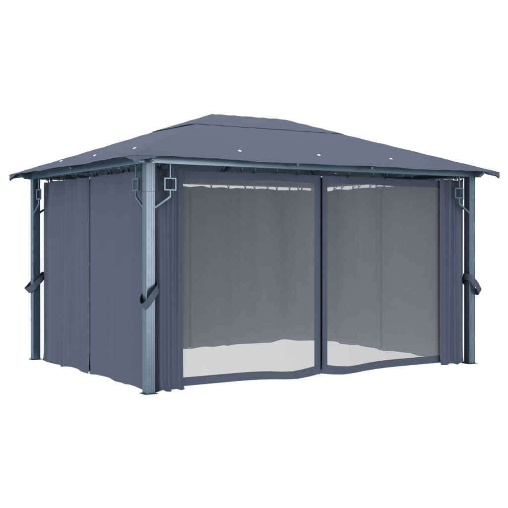 vidaXL Gazebo with Curtain & LED String Lights 4x3m Anthracite Aluminium - Outdoor Sunshade Shelter for Events