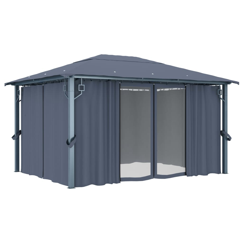 vidaXL Gazebo with Curtain & LED String Lights 4x3m Anthracite Aluminium - Outdoor Sunshade Shelter for Events