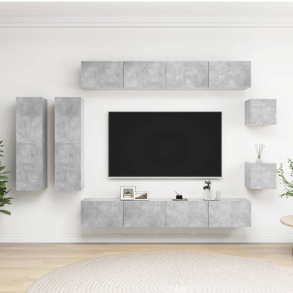 vidaXL 8 Piece TV Cabinet Set Concrete Grey Engineered Wood - Ample Storage Space, Wall-Mounted Design