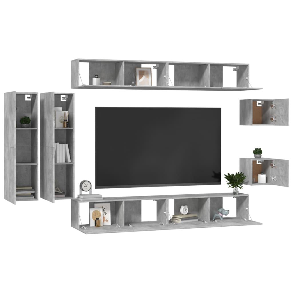 vidaXL 8 Piece TV Cabinet Set Concrete Grey Engineered Wood - Ample Storage Space, Wall-Mounted Design