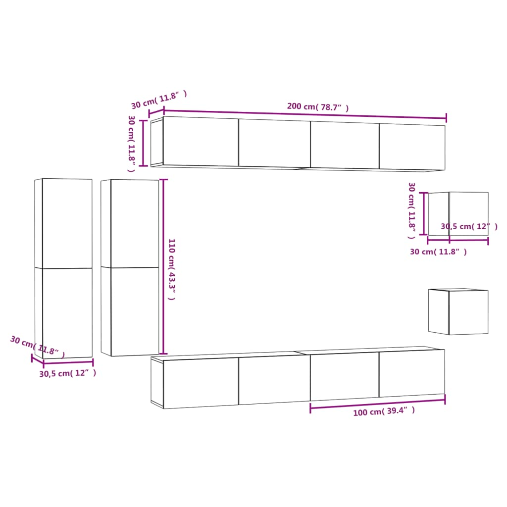 vidaXL 8 Piece TV Cabinet Set Concrete Grey Engineered Wood - Ample Storage Space, Wall-Mounted Design