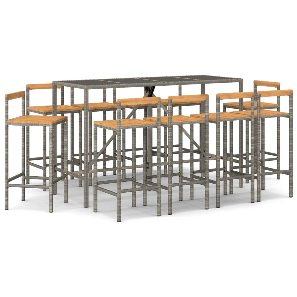 vidaXL 11 Piece Garden Bar Set | Grey Poly Rattan & Solid Wood Acacia