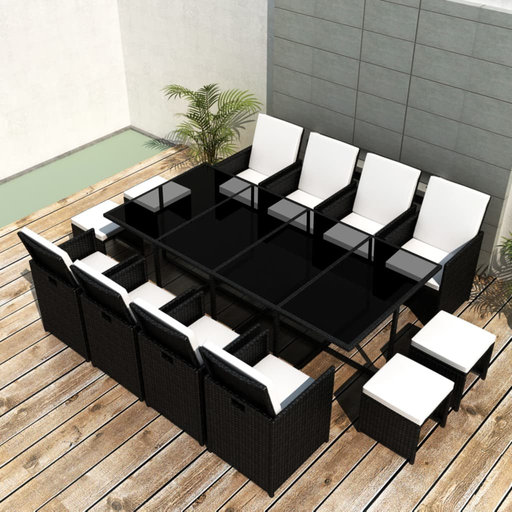 vidaXL 13 Piece Outdoor Dining Set with Cushions Poly Rattan Black - Stylish and Durable