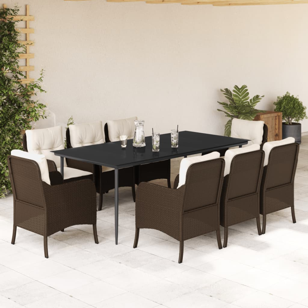 vidaXL 9 Piece Garden Dining Set with Cushions Brown Poly Rattan - Outdoor Patio Furniture