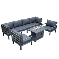 LeisureMod Hamilton 7-Piece Aluminum Patio Conversation Set With Fire Pit Table And Cushions Grey