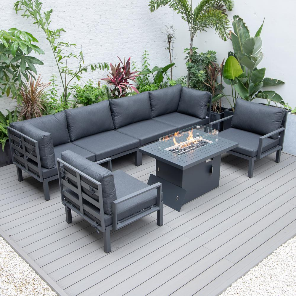 LeisureMod Hamilton 7-Piece Aluminum Patio Conversation Set With Fire Pit Table And Cushions Grey