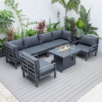 LeisureMod Hamilton 7-Piece Aluminum Patio Conversation Set With Fire Pit Table And Cushions Grey