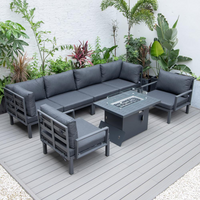 LeisureMod Hamilton 7-Piece Aluminum Patio Conversation Set With Fire Pit Table And Cushions Grey