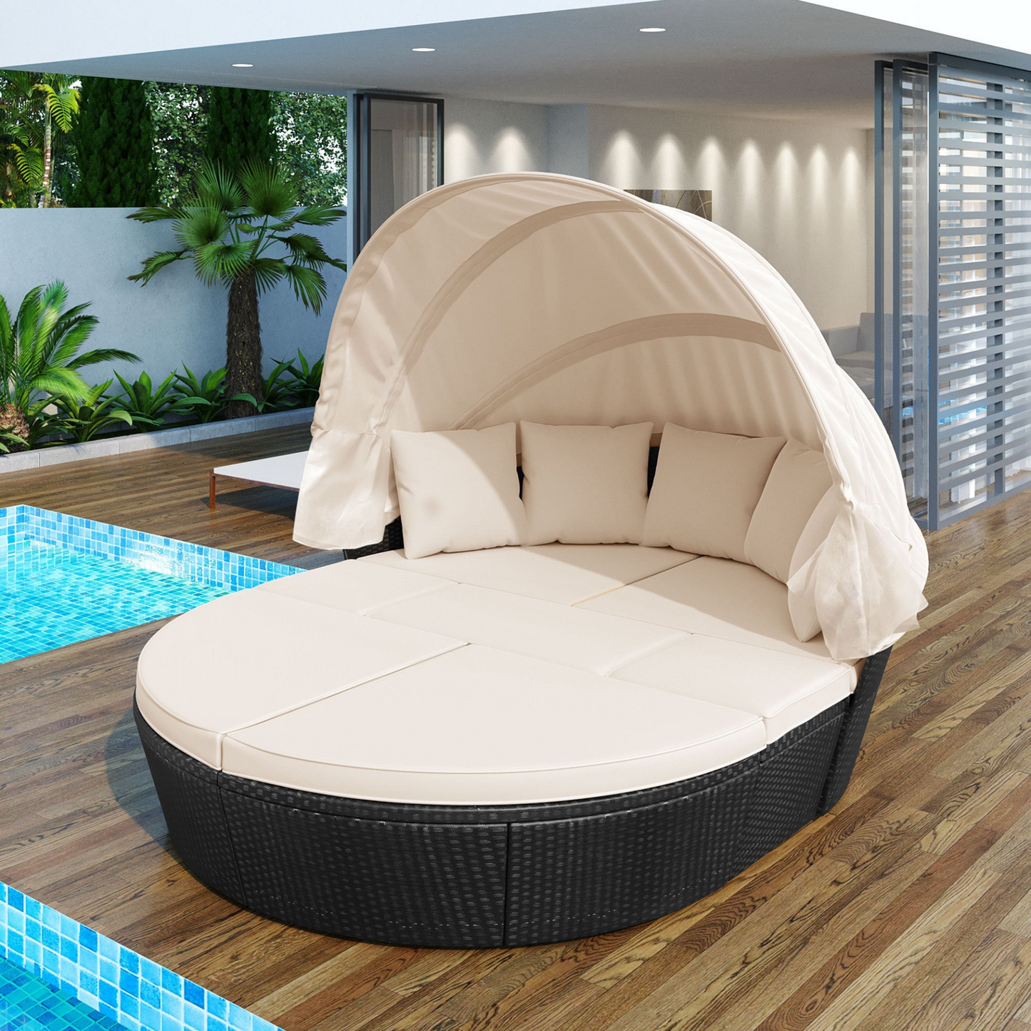 Outdoor rattan daybed sunbed with Retractable Canopy Wicker Furniture, Round Outdoor Sectional Sofa Set, black Wicker Furniture Clamshell Seating with Washable Cushions, Backyard, Porch, Beige